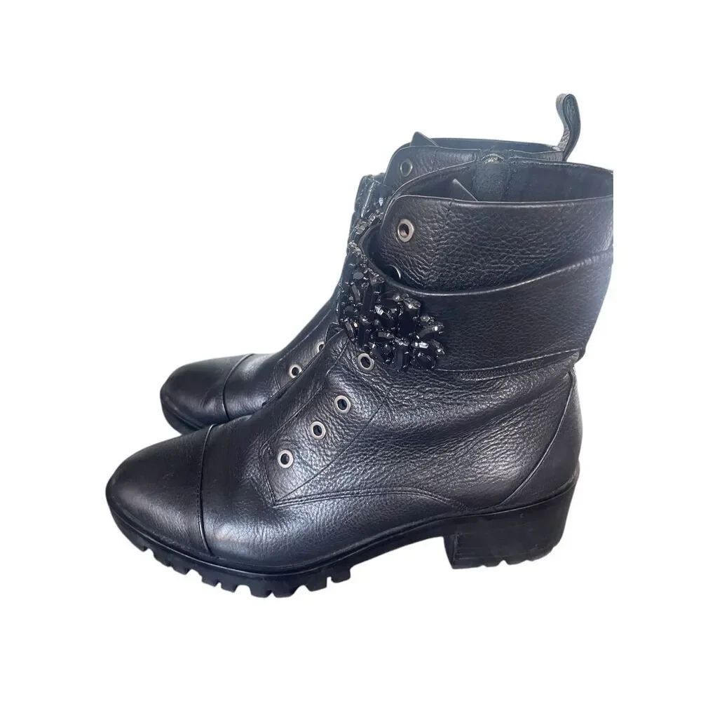 Karl Lagerfeld Pipa Crystal Embellished Platform Ankle Boots Black 9.5 Moto - Picture 5 of 10